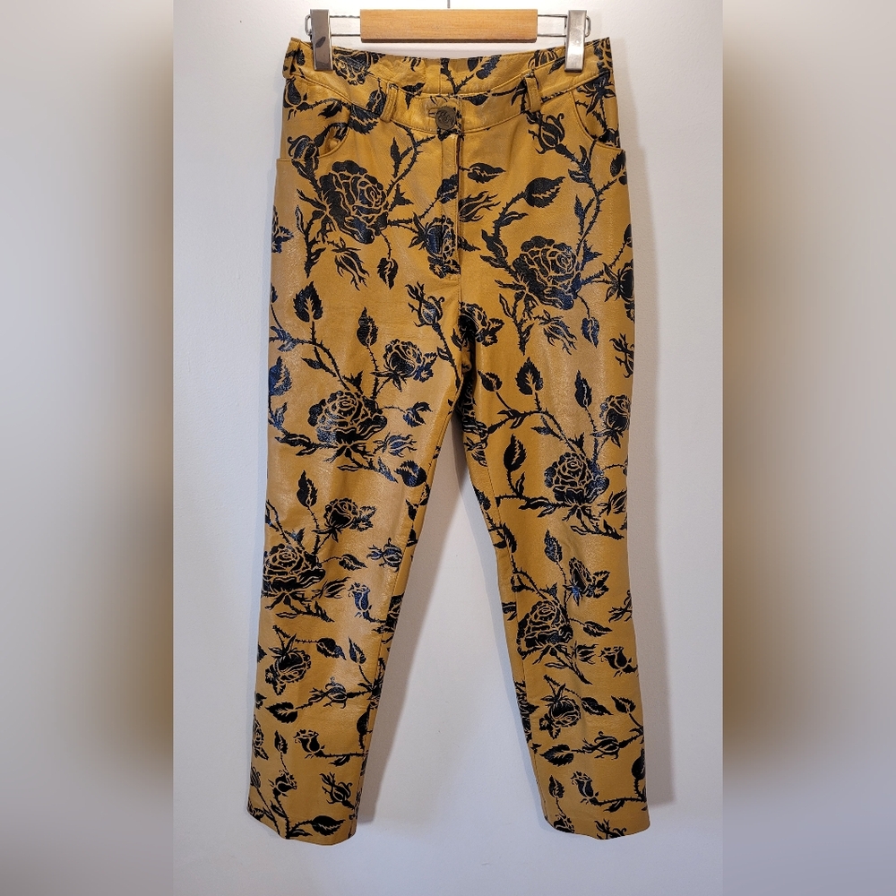 Veronique D'aragon Lamb Skin Black Roses Tan Beige Leather High Rise Pants - 28"